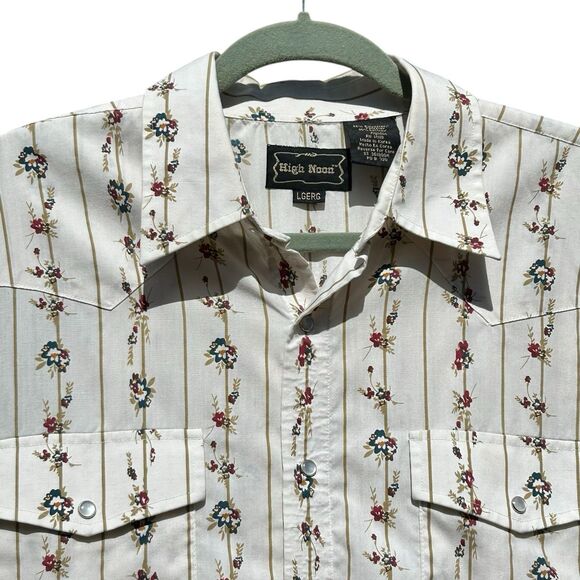 Vtg High Noon Floral Stripe Shirt Men Sz L Cream Pearl Snap Long Sleeve Western - Picture 2 of 14